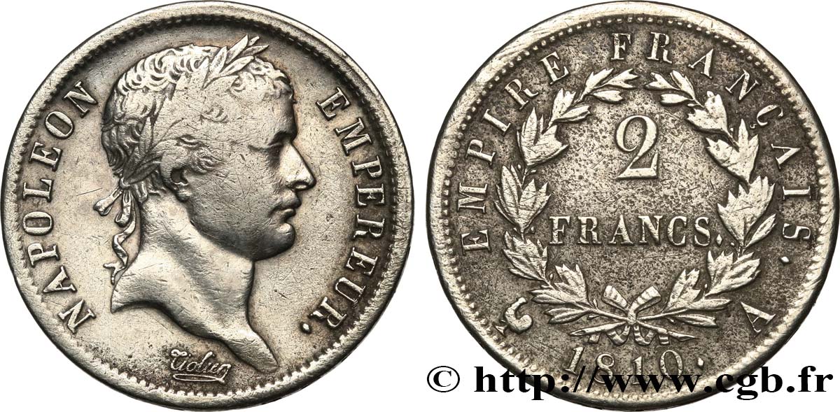 2 francs Napoléon Ier tête laurée, Empire français 1810 Paris F.255/10 VF 