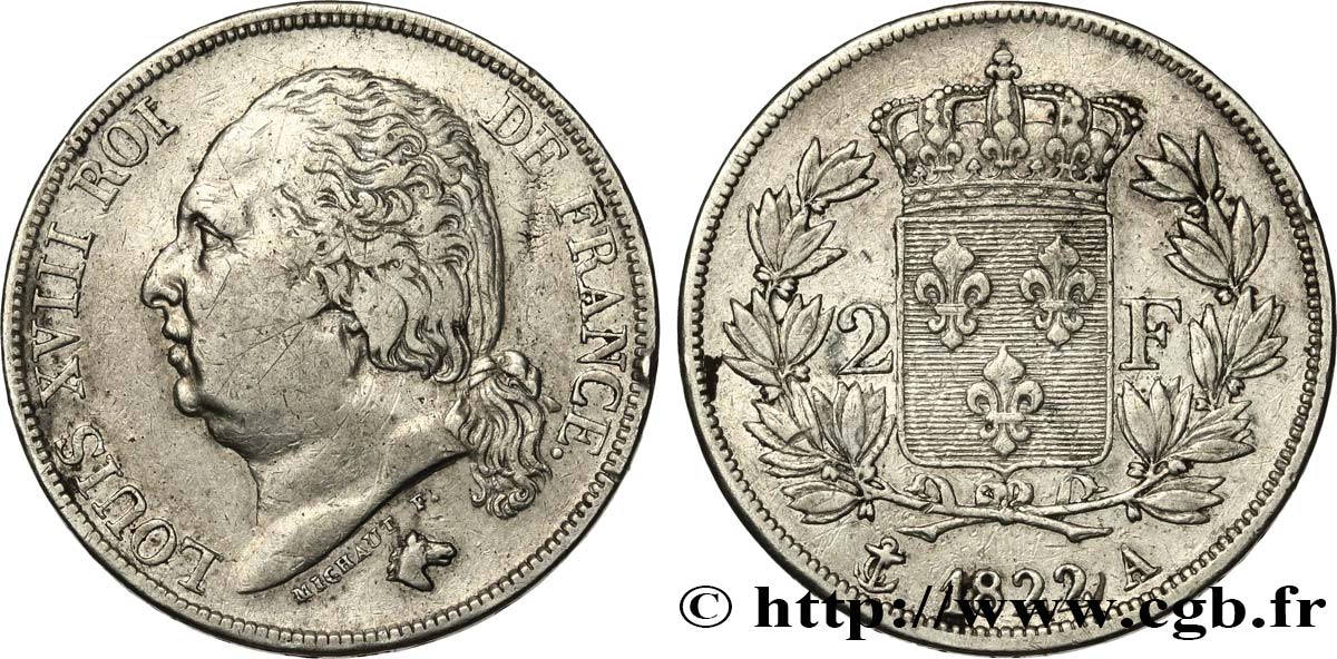 2 francs Louis XVIII 1822 Paris F.257/36 TB+ 
