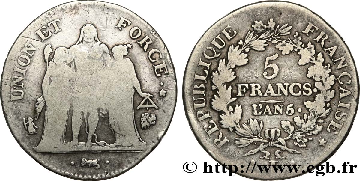 5 francs Union et Force, Union serré, seulement gland extérieur 1797 Bayonne F.288/68 B12 