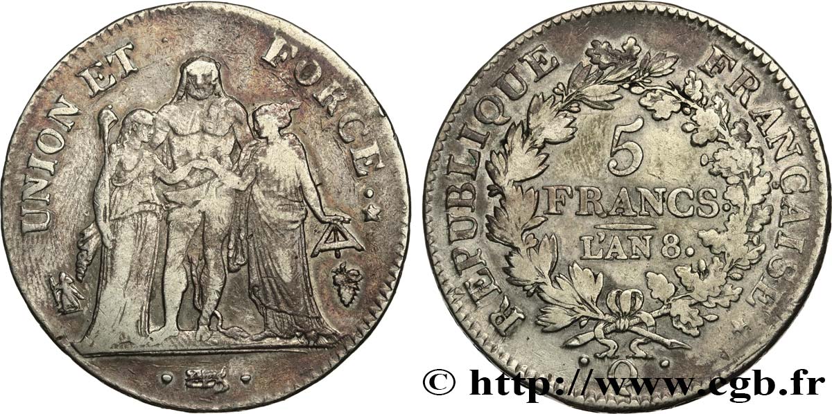 5 francs Union et Force, Union serré, avec glands intérieurs et gland extérieur 1800 Perpignan F.288/149 MB35 