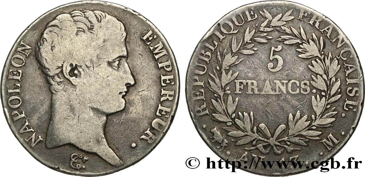 5 francs Napoléon Empereur, Calendrier révolutionnaire 1805 Toulouse F.303/13 TB30 