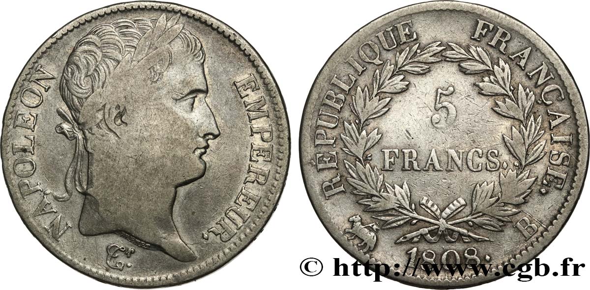 5 francs Napoléon empereur, République française 1808 Rouen F.306/3 TB35 