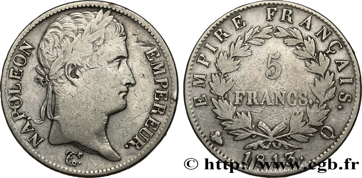 5 francs Napoléon Empereur, Empire français 1813 Perpignan F.307/70 VF25 
