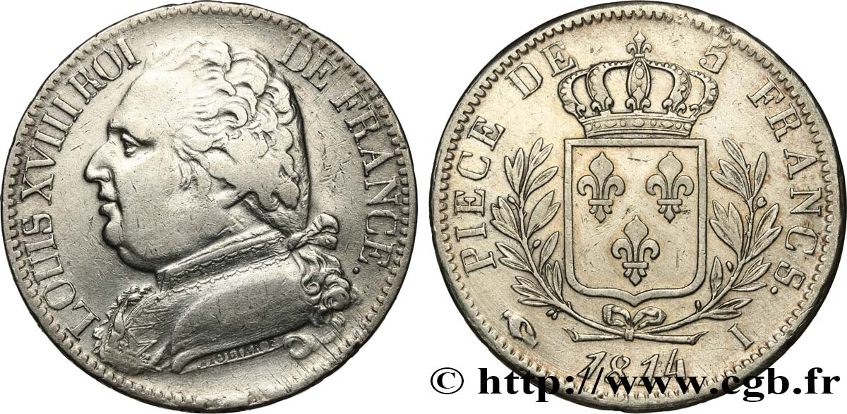 5 francs Louis XVIII, buste habillé 1814 Limoges F.308/6 MBC 