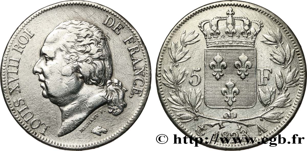5 francs Louis XVIII, tête nue 1823 Paris F.309/76 XF 