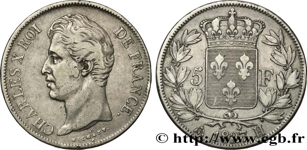 5 francs Charles X, 2e type 1827 La Rochelle F.311/5 TB+ 