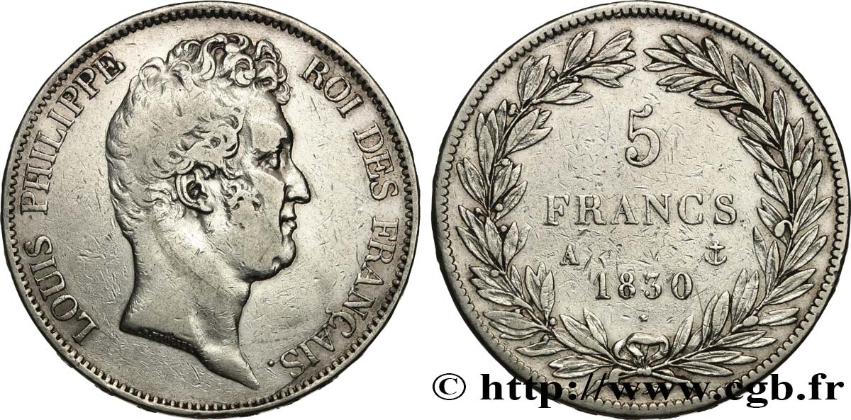 5 francs type Tiolier sans le I, tranche en relief 1830  Paris F.314/1 TB+ 
