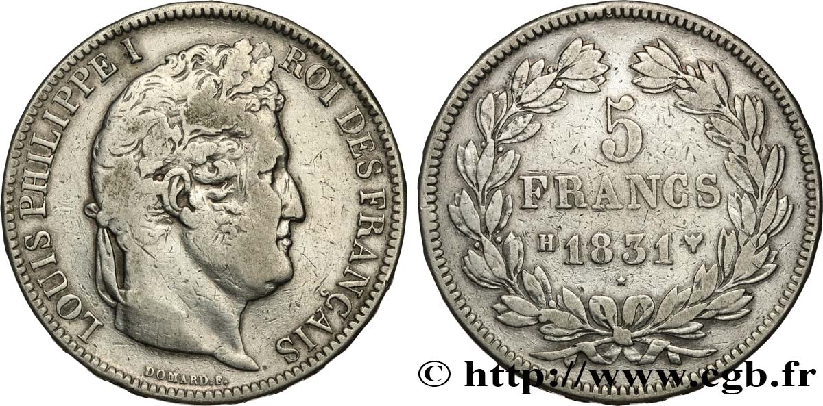 5 francs Ier type Domard, tranche en relief 1831 La Rochelle F.320/5 q.BB 