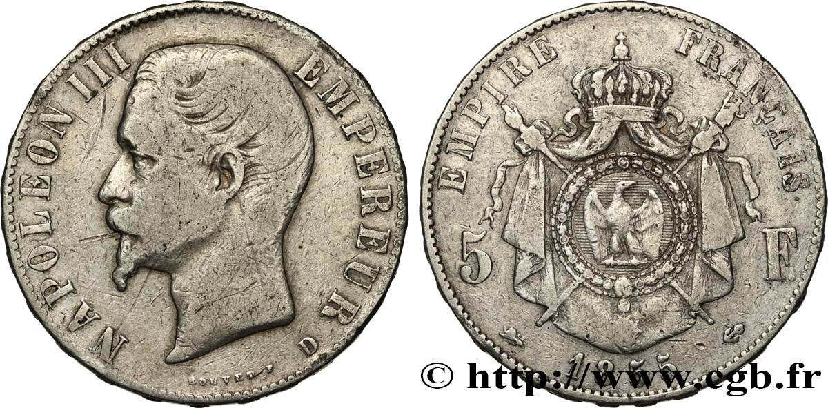 5 francs Napoléon III, tête nue 1855 Lyon F.330/5 TB 