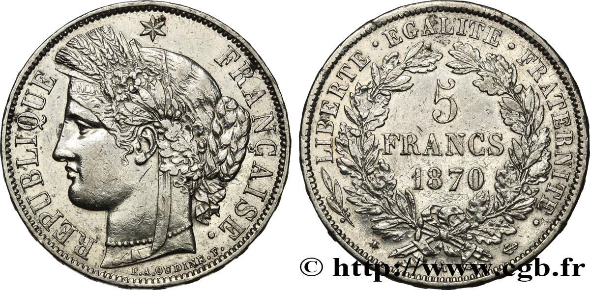 5 francs Cérès, avec légende 1870 Paris F.333/1 TTB 