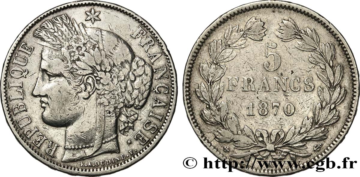 5 francs Cérès, sans légende 1870 Bordeaux F.332/2 TB+ 