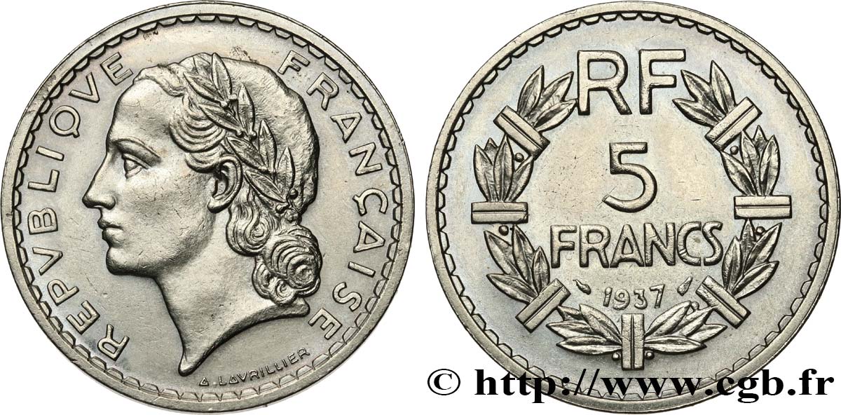 5 francs Lavrillier, nickel 1937  F.336/6 SPL 