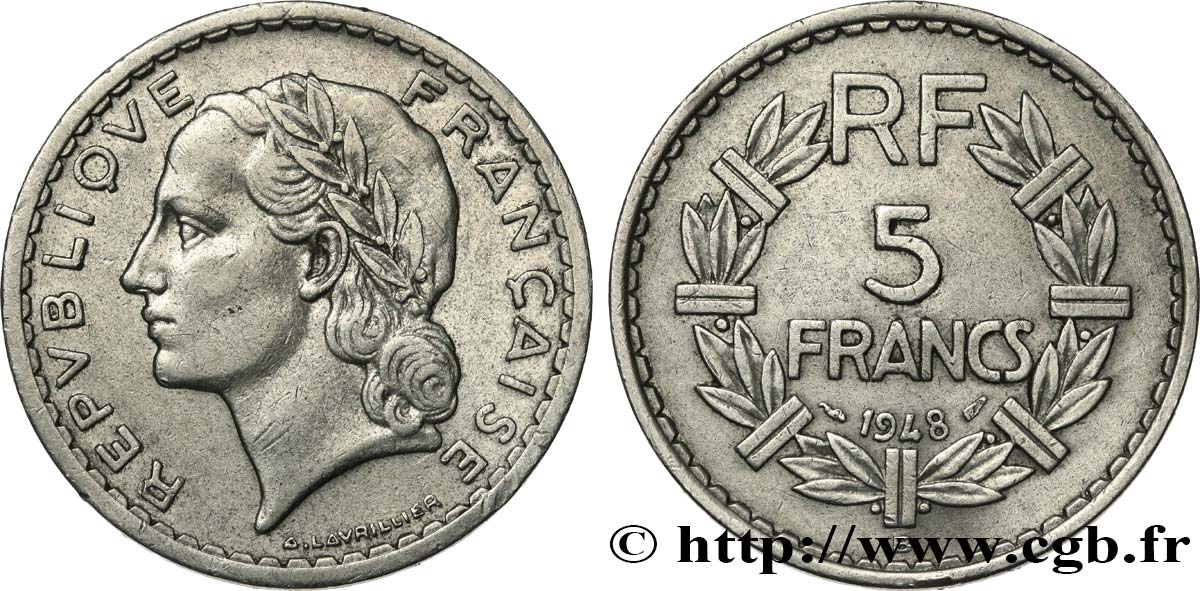 5 francs Lavrillier, aluminium 1948 Beaumont-Le-Roger F.339/15 VF 