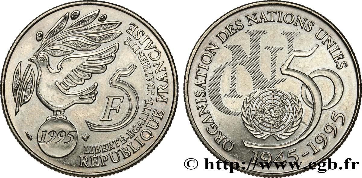 5 francs Cinquantenaire de l’ONU 1995 Pessac F.345/1 MS62 