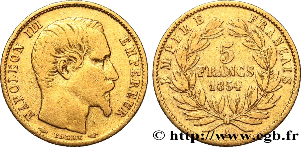 5 francs or Napoléon III, tête nue, petit module, tranche cannelée 1854 Paris F.500A/1 S 