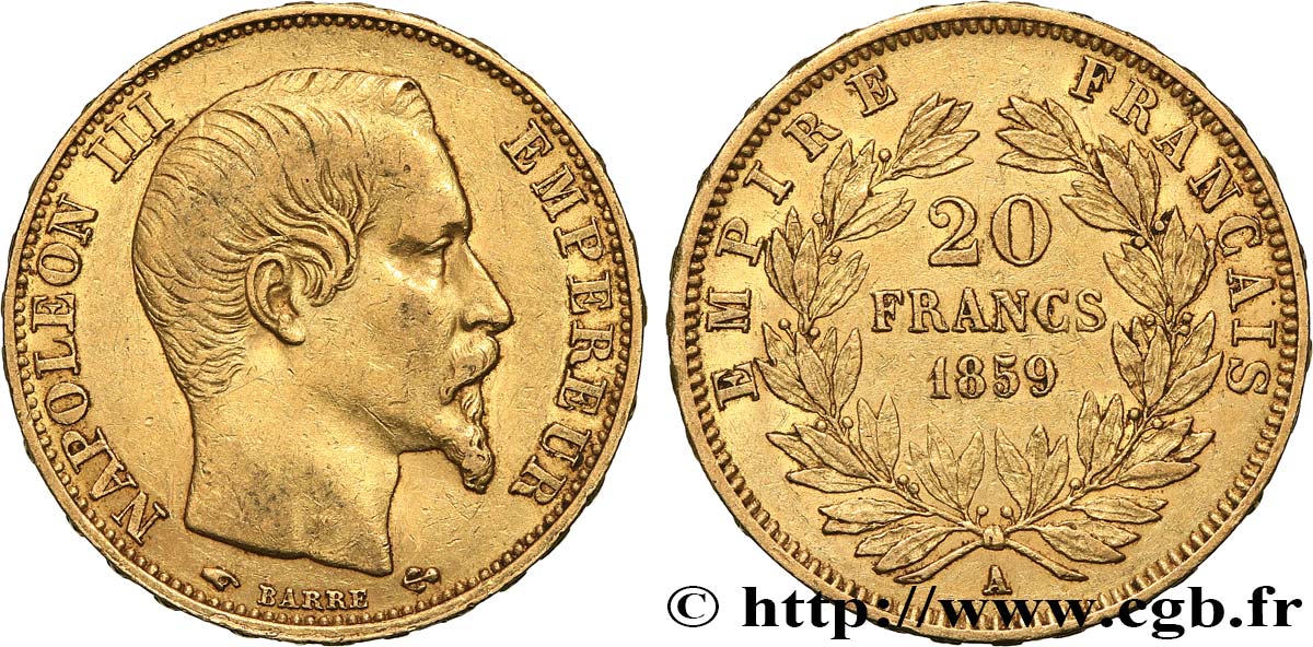 20 francs or Napoléon III, tête nue 1859 Paris F.531/15 SS 