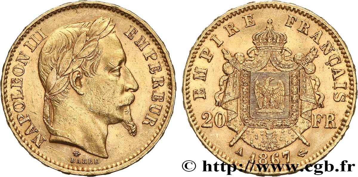 20 francs or Napoléon III, tête laurée 1867 Paris F.532/15 MBC 