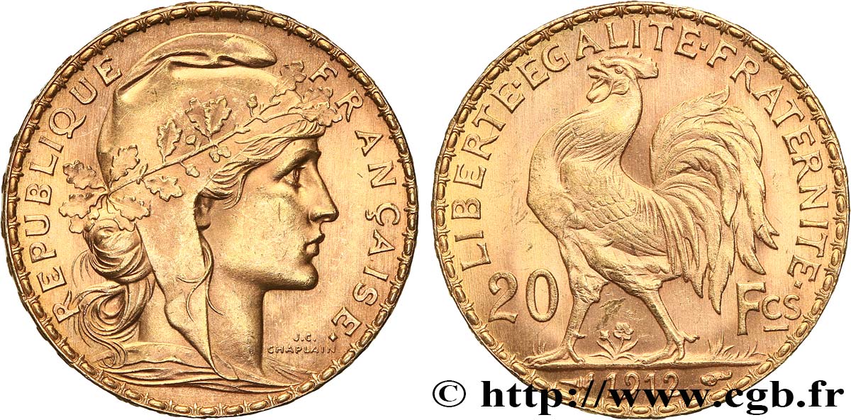 20 francs or Coq, Liberté Égalité Fraternité 1912 Paris F.535/6 fST 