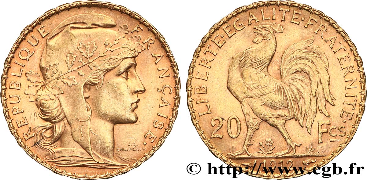 20 francs or Coq, Liberté Égalité Fraternité 1912 Paris F.535/6 SUP+ 