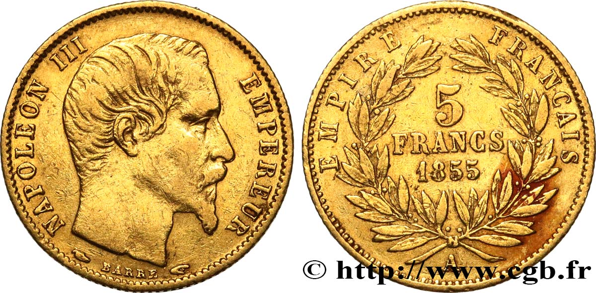 5 francs or Napoléon III, tête nue, petit module, tranche cannelée 1855 Paris F.500A/2 VF 