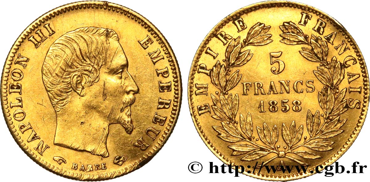 5 francs or Napoléon III, tête nue, grand module 1858 Paris F.501/5 XF 