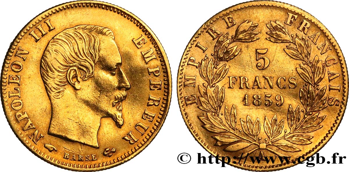 5 francs or Napoléon III, tête nue, grand module 1859 Paris F.501/7 XF 