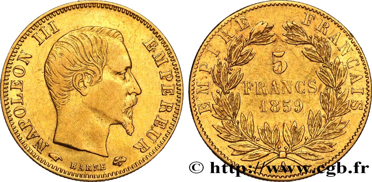5 francs or Napoléon III, tête nue, grand module 1859 Paris F.501/7 MBC50 