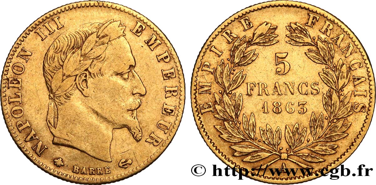 5 francs or Napoléon III, tête laurée 1863 Paris F.502/3 VF35 