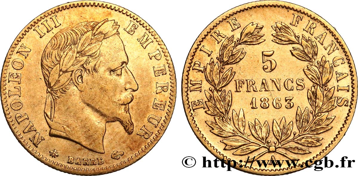 5 francs or Napoléon III, tête laurée 1863 Paris F.502/3 TTB 