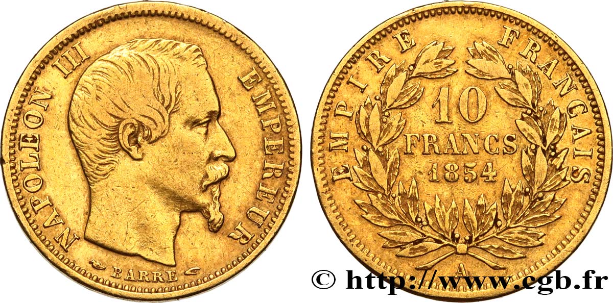 10 francs or Napoléon III, tête nue, petit module, tranche lisse 1854 Paris F.505/1 TTB40 