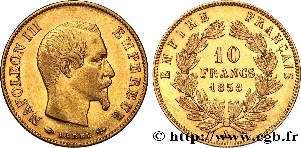 10 francs or Napoléon III, tête nue 1859 Paris F.506/7 AU53 