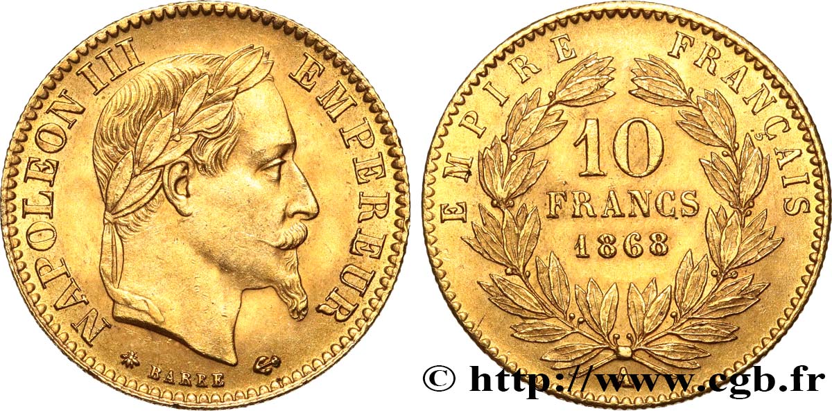 10 francs or Napoléon III, tête laurée 1868 Paris F.507A/17 VZ62 
