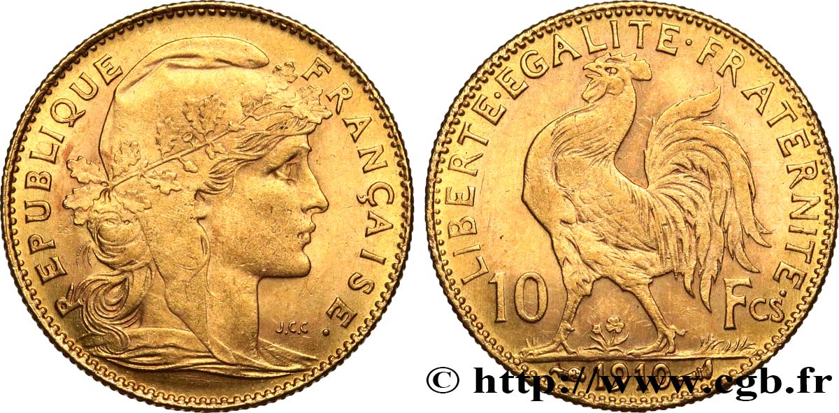 10 francs or Coq 1910 Paris F.509/11 MBC+ 