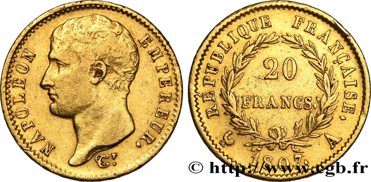 20 francs or Napoléon tête nue, type transitoire 1807 Paris F.514/1 XF45 