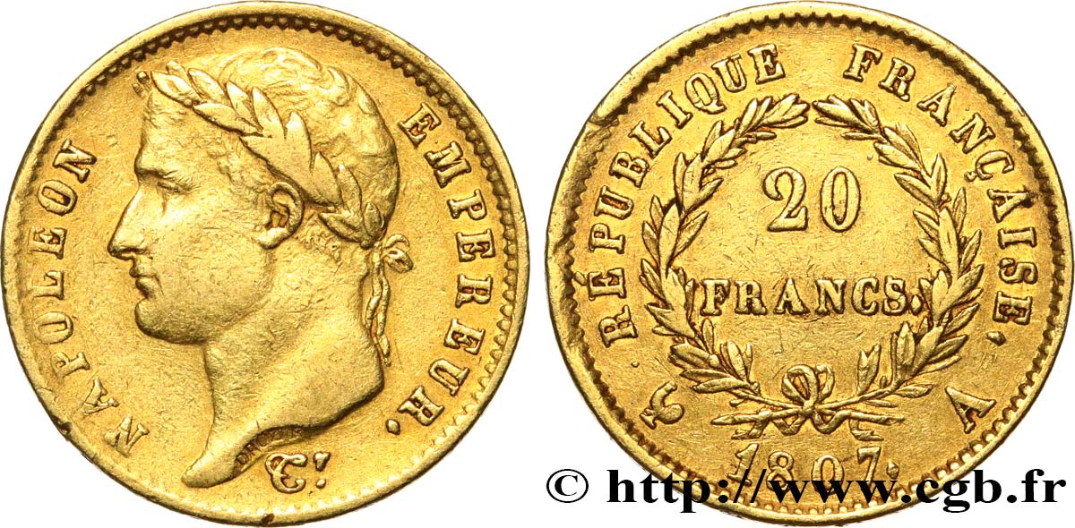 20 francs or Napoléon tête laurée, République française 1807 Paris F.515/1 BB40 