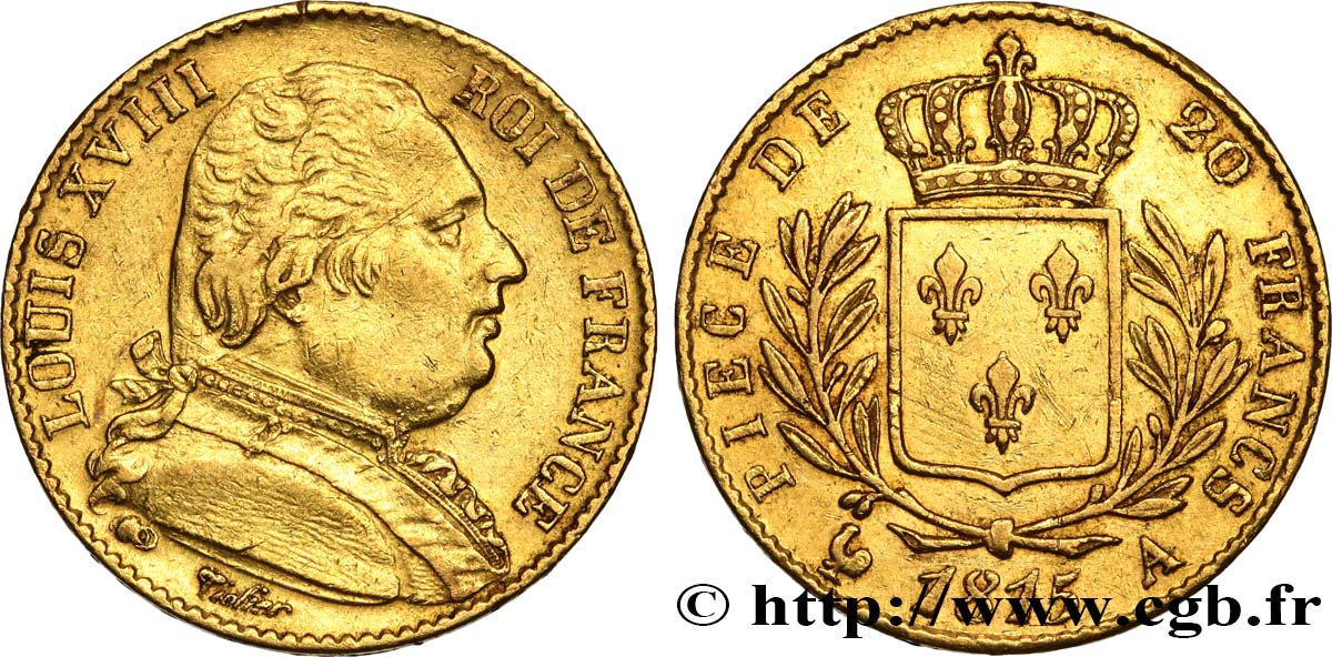 20 francs or Louis XVIII, buste habillé 1815 Paris F.517/10 AU53 