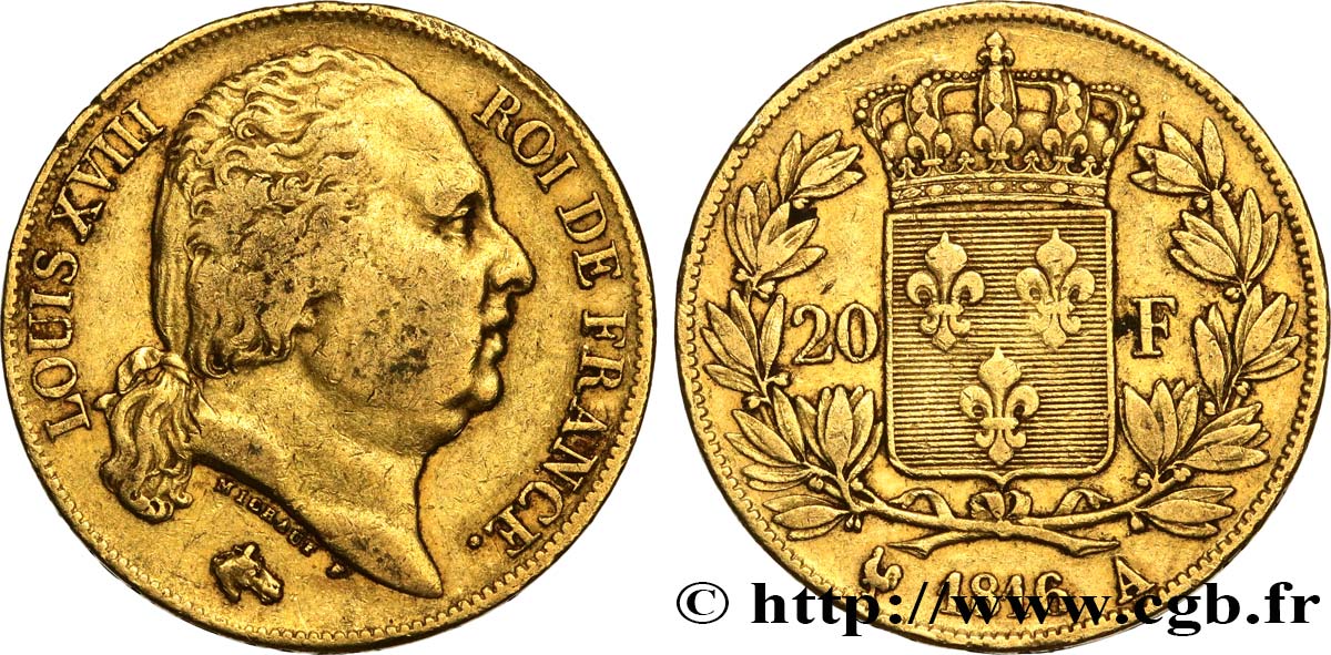 20 francs or Louis XVIII, tête nue 1816 Paris F.519/1 TB35 