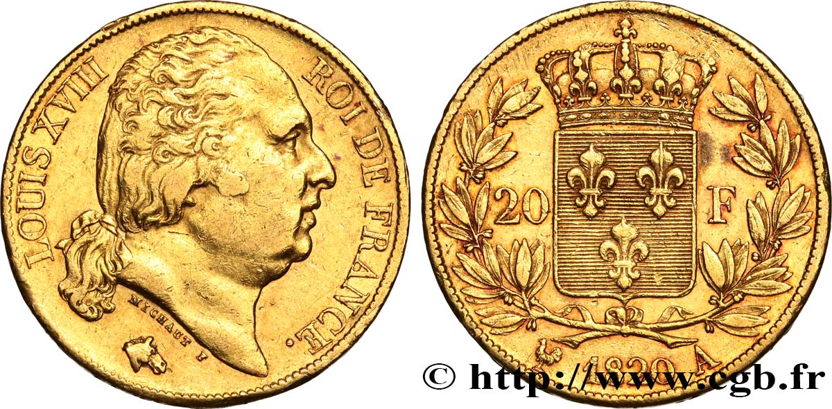 20 francs or Louis XVIII, tête nue 1820 Paris F.519/19 AU50 