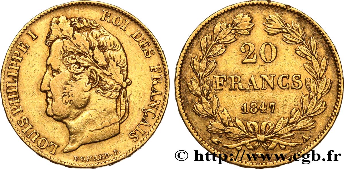 20 francs or Louis-Philippe, Domard 1847 Paris F.527/37 XF45 