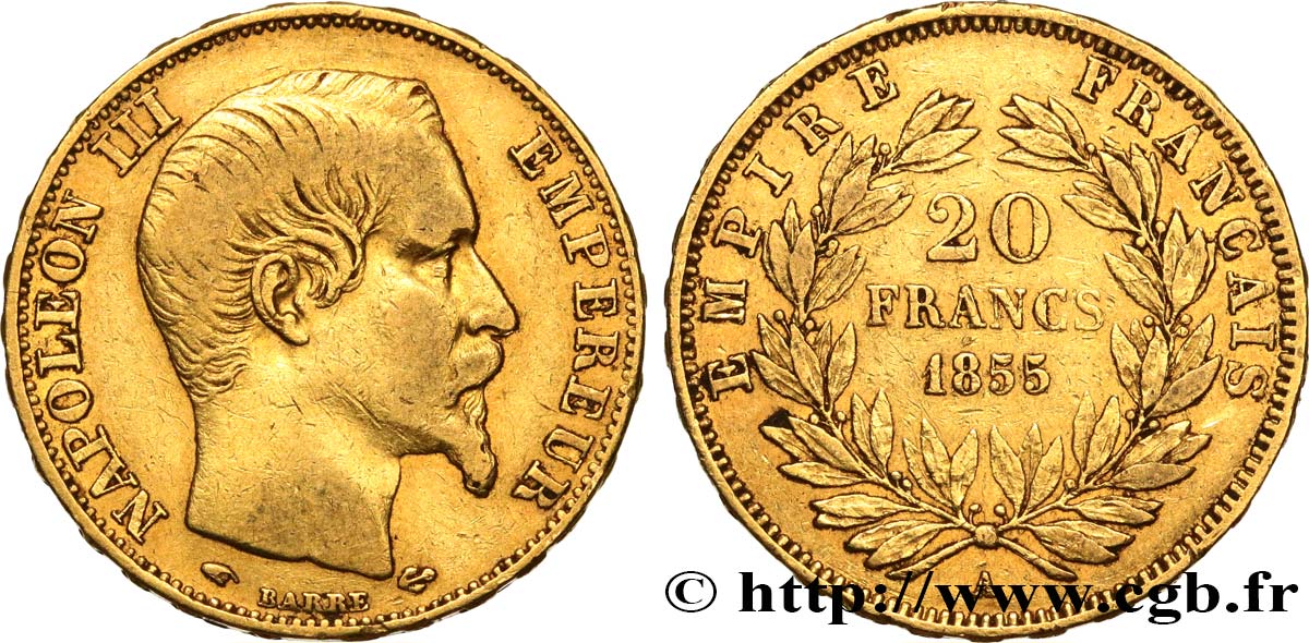 20 francs or Napoléon III, tête nue 1855 Paris F.531/4 TB35 