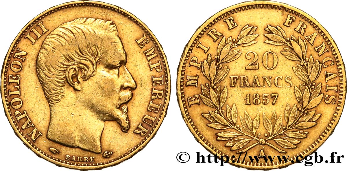 20 francs or Napoléon III, tête nue 1857 Paris F.531/12 BC+ 