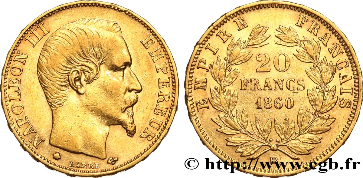 20 francs or Napoléon III, tête nue 1860 Strasbourg F.531/20 TTB+ 