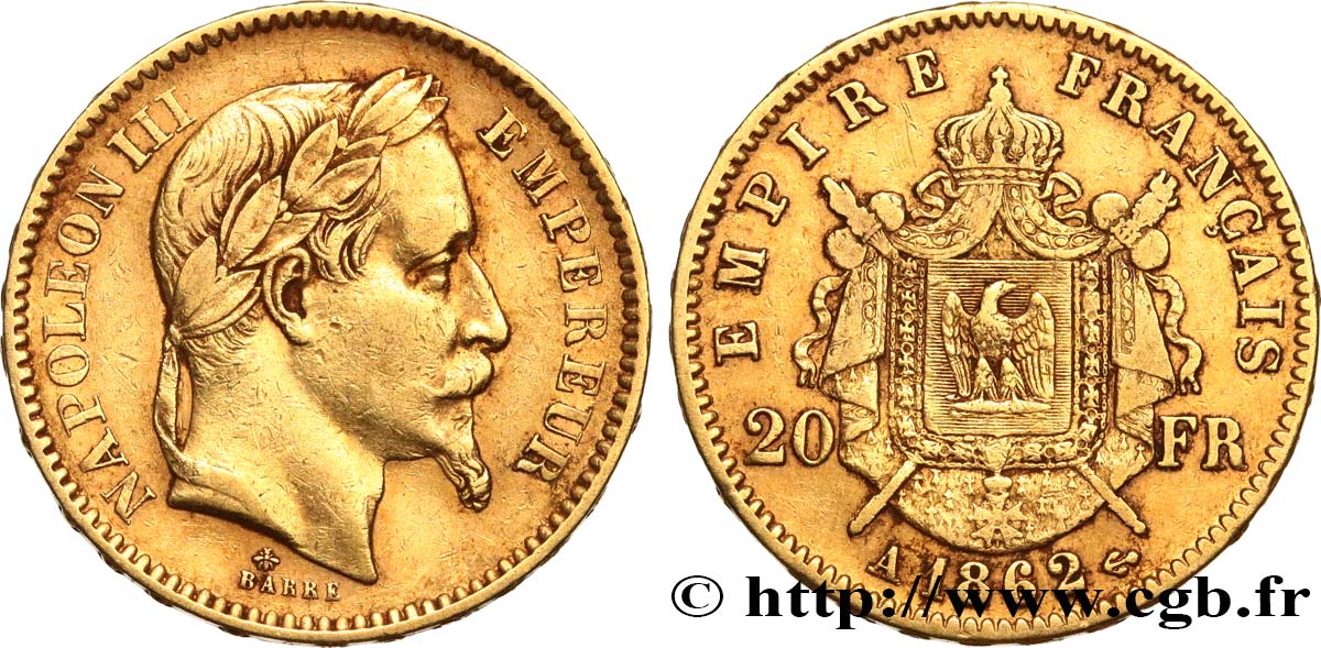 20 francs or Napoléon III, tête laurée, grand A 1862 Paris F.532/4 BC+ 