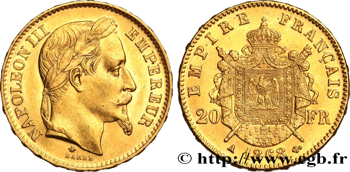 20 francs or Napoléon III, tête laurée 1868 Paris F.532/18 EBC61 