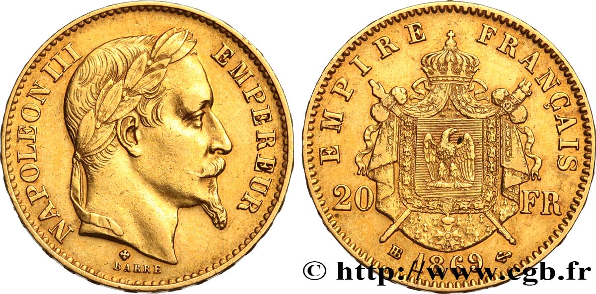 20 francs or Napoléon III, tête laurée, petit BB 1869 Strasbourg F.532/21 MBC 