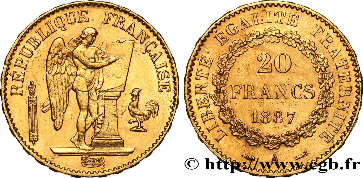 20 francs or Génie, Troisième République 1887 Paris F.533/10 AU55 