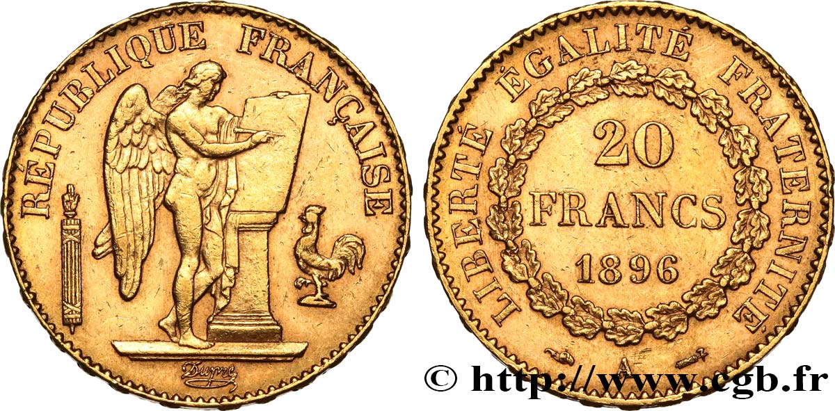 20 francs or Génie, Troisième République 1896 Paris F.533/20 AU53 
