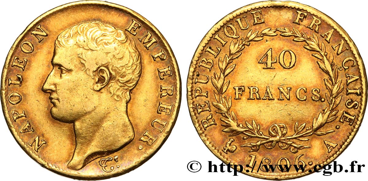 40 francs or Napoléon tête nue, Calendrier grégorien 1806 Paris F.538/1 TTB50 