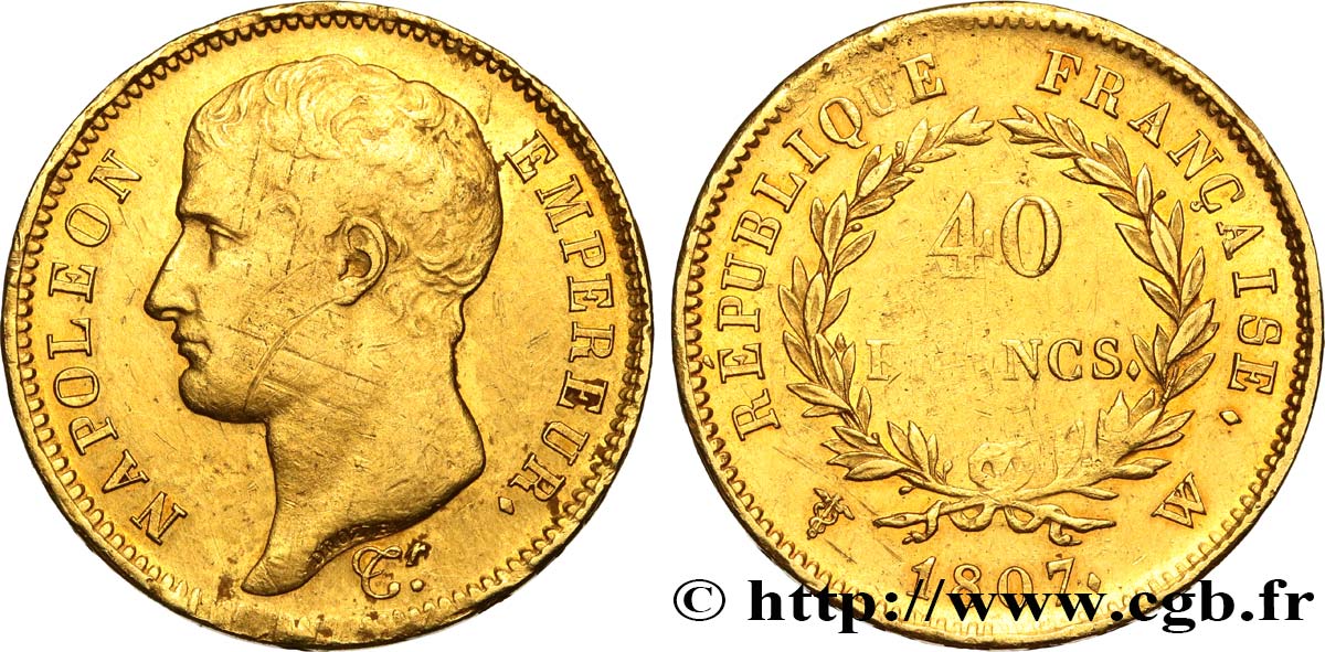 40 francs or Napoléon tête nue, type transitoire 1807 Lille F.539/5 MBC 