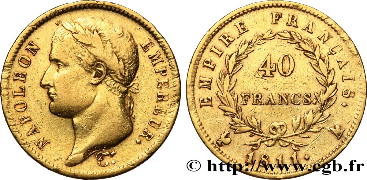40 francs or Napoléon tête laurée, Empire français 1811 Paris F.541/7 TB+ 